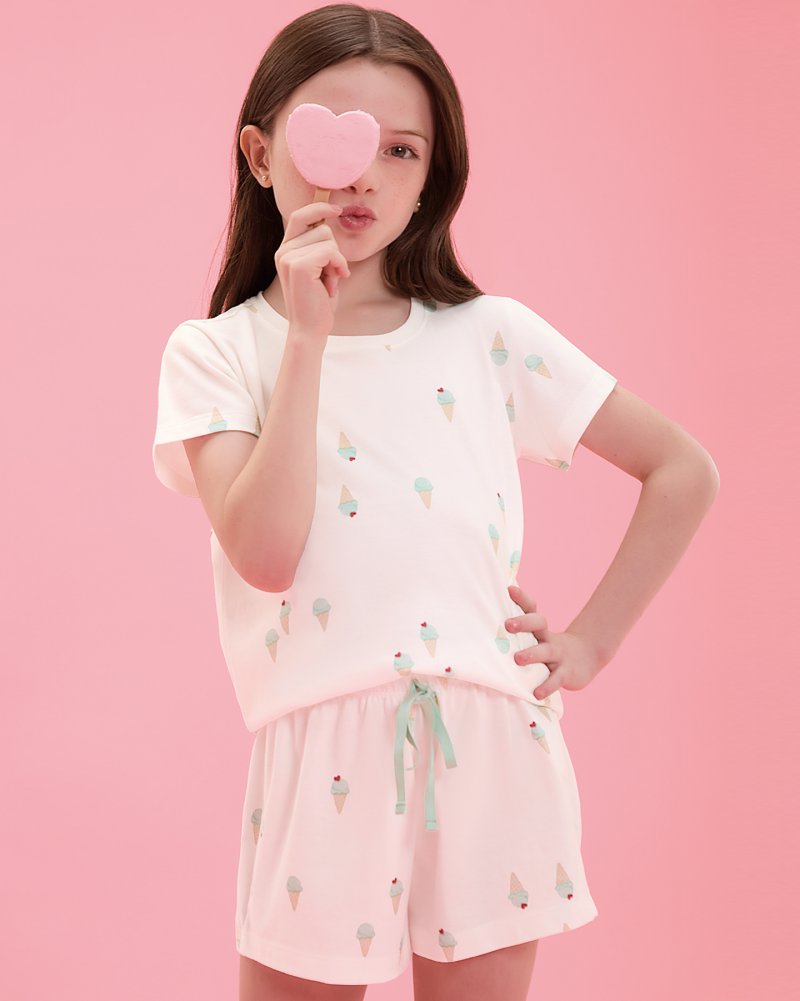 Pijama Infantil Feminino Manga Curta Com Shorts