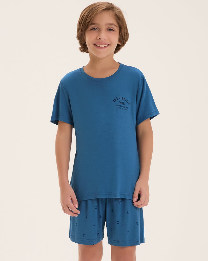 Pijama Masculino Infantil Manga Curta Com Bermuda