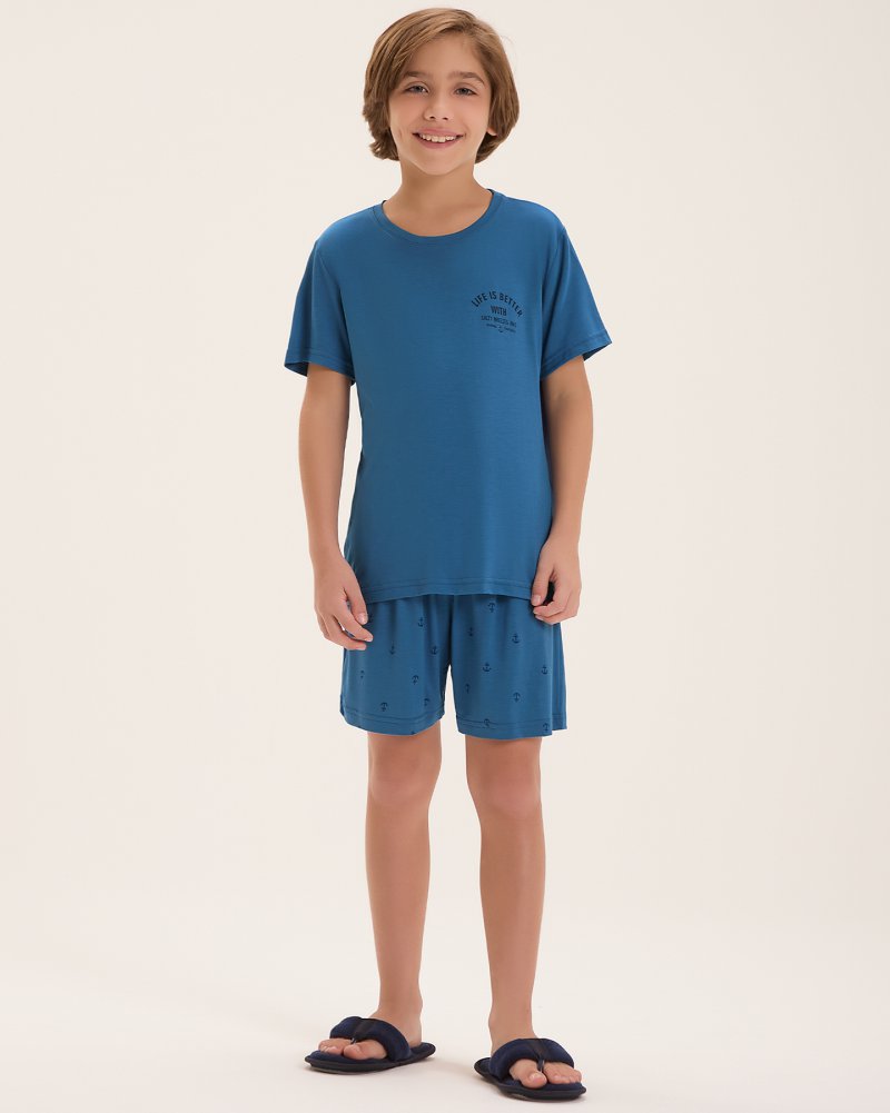 Pijama Masculino Infantil Manga Curta Com Bermuda