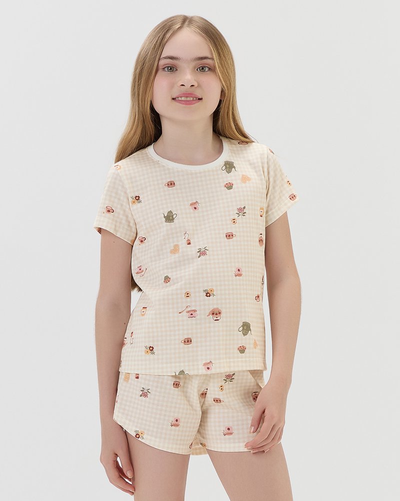 Pijama Feminino Infantil Manga Curta Com Shorts