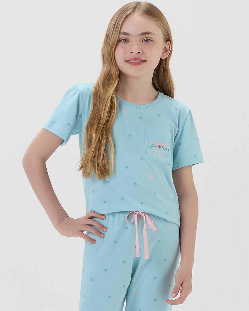 Pijama Feminino Infantil Manga Curta Com Cal�a