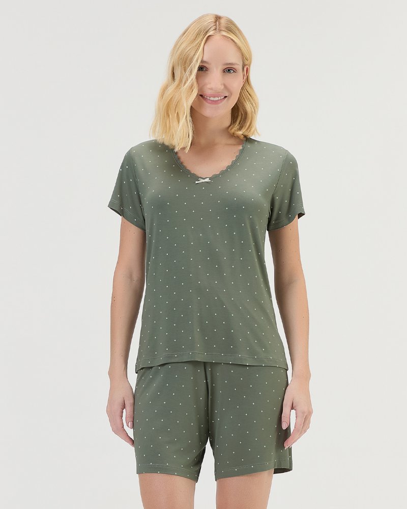 Pijama Feminino Manga Curta Com Bermuda