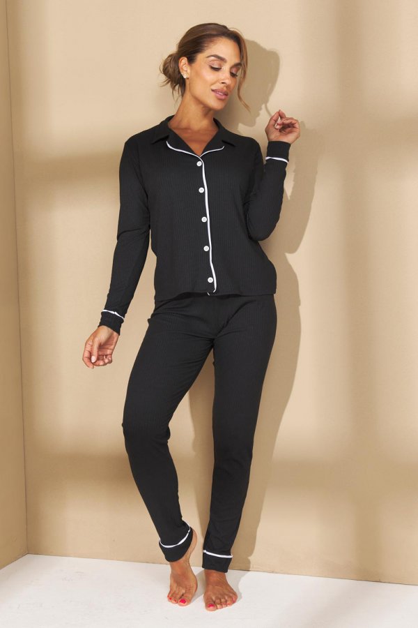 PIJAMA FEMININO CANELADO ELZA PRETO